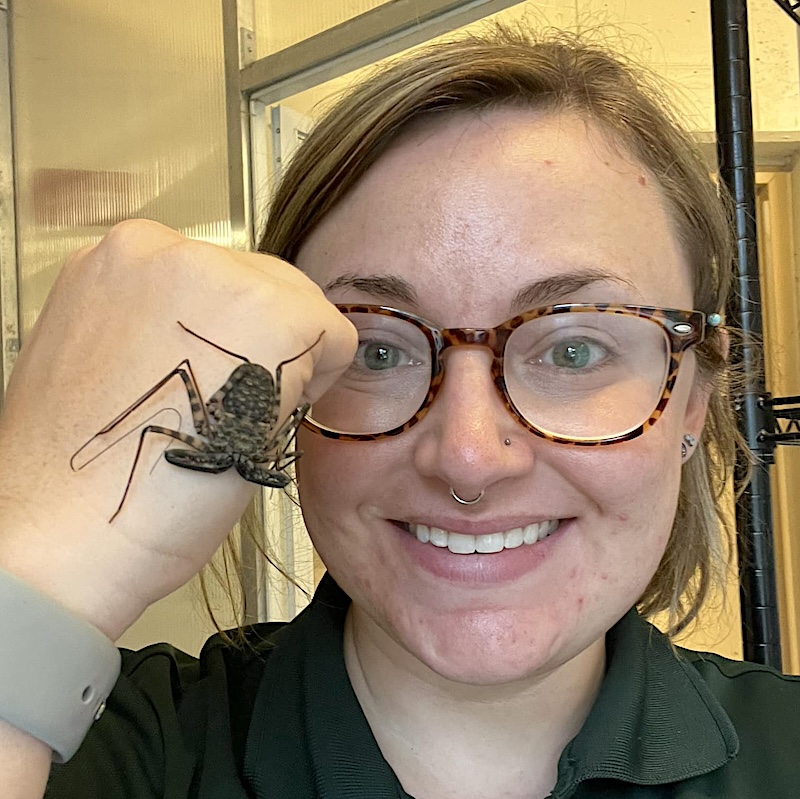 A woman wearing glasses and holding her hand up. There is a whip scorpion (amblypygidae) on her hand.