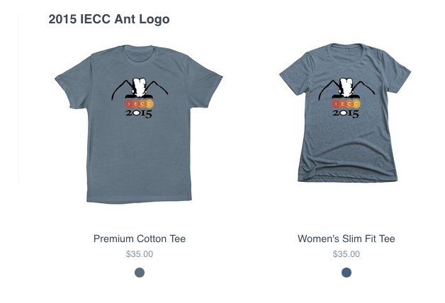 two grey tshirts for sale from the 2025 IECC conference. They have a large leafcutter ant on them and colorful letters